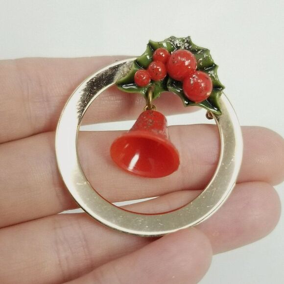Vintage Christmas Bells Jewelry Set, Brooch Clip On Earrings, Red Green Holiday - Picture 3 of 8
